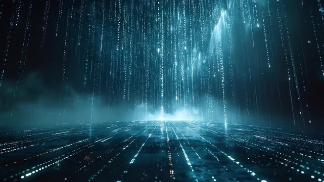 Digital Binary Code Raining in a Futuristic Cyberspace Environment.