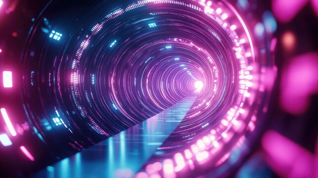 Futuristic digital tunnel with glowing neon light - Powered by Adobe