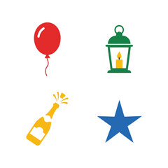Set of simple flat icons: balloon, lantern, champagne bottle, star - celebration and party elements Vector, illustration