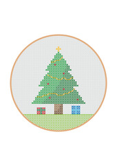 Vector drawing of a Christmas tree made using cross-stitch