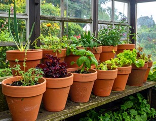 Assortment of potted plants on a wooden shelf inside a glasshouse