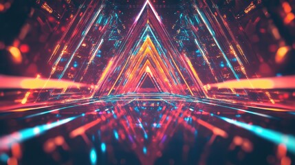 Abstract digital data tunnel with neon light geometric shapes
