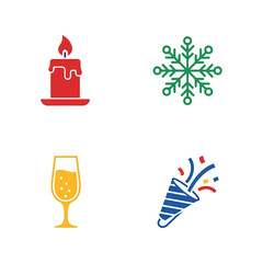 Festive icons: candle, snowflake, champagne, party popper. holiday celebration and winter elements. Vector, illustration