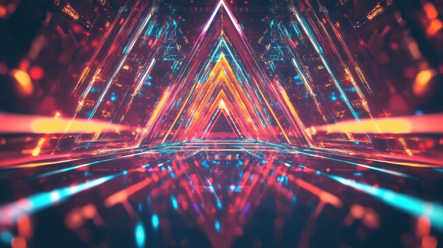 Abstract digital data tunnel with neon light geometric shapes