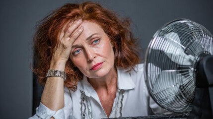 Mature businesswoman experiencing menopause symptoms at work, hot flush and sweating in modern office, health awareness, stress, hormone balance, fatigue, resilience