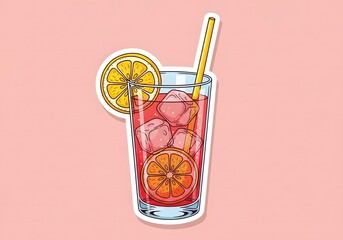 Refreshing pink cocktail with orange slices and straw on pink background