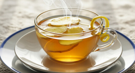 Steaming hot ginger tea with lemon peel on a white lace tablecloth.
A close-up shot of a clear glass cup filled with steaming, amber-colored hot tea, richly garnished with fresh slices of ginger