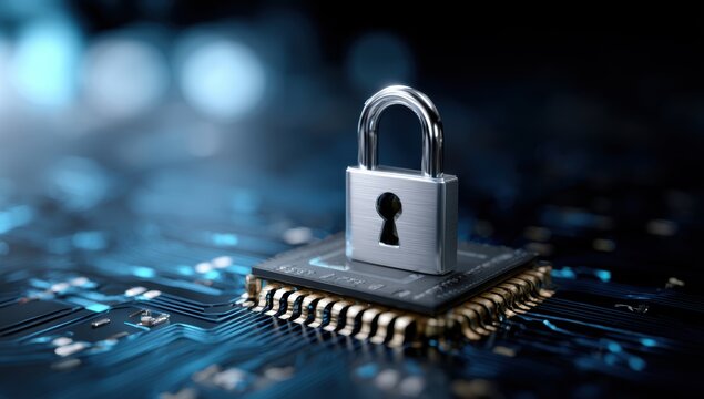 Silver padlock rests securely on a computer chip representing digital security and data protection measures for online technology
