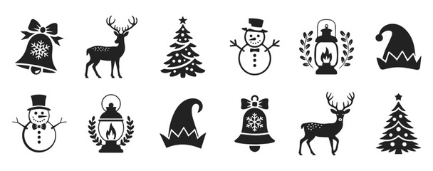 Fototapeta premium Christmas vector silhouette set with deer, snowman, bell, tree, hat, and lantern