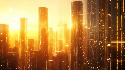 Futuristic digital cityscape glowing with golden data streams