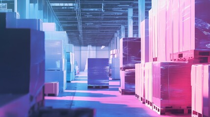 Fototapeta premium Warehouse interior storing goods on pallets with vibrant lighting