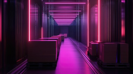 Futuristic automated logistics warehouse with neon light
