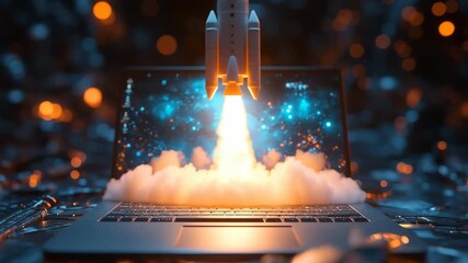 Innovation Takes Flight A rocket launches from a laptop keyboard. A powerful symbol of a tech startup's success. Ideal for corporate intros and launch day promos.