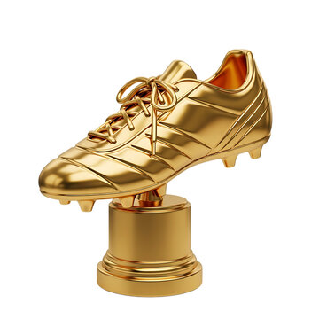 Golden soccer cleat trophy on a pedestal against a transparent background