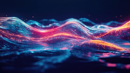 Digital data waves flowing with glowing particles