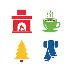 Cozy winter icons: fireplace, hot drink, christmas tree, and scarf flat design Vector, illustration