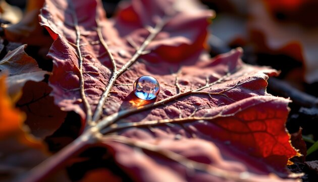 Closeup Autumn Leaf with Dewdrop Warm Light
