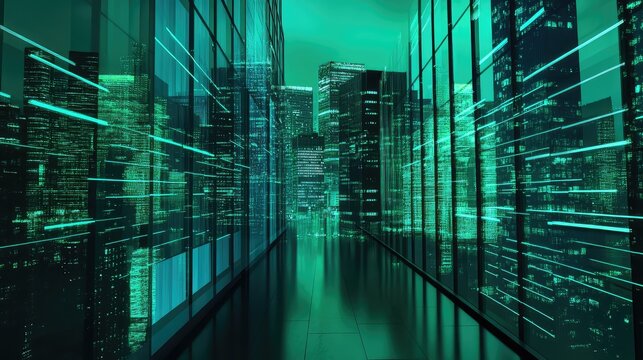Digital cityscape with glowing data lines streaming - Powered by Adobe