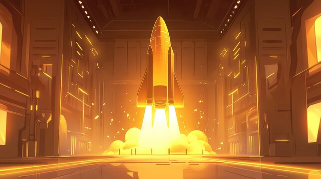 Rocket shuttle launching from futuristic hangar bay