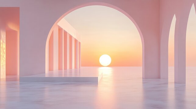 Minimalist architectural arches framing a calming sunset ocean scene