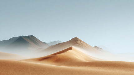 Serene desert landscape featuring undulating sand dunes and distant mountains under a clear sky. Evokes tranquility, adventure, and the power of nature.