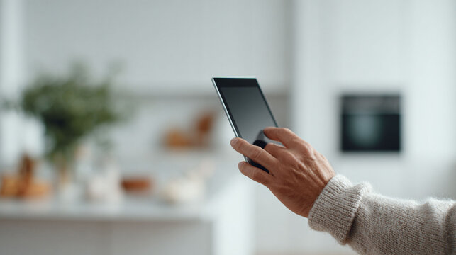 Hand interacting with a digital tablet in a bright, modern kitchen. Focus on technology, connectivity, smart home, or lifestyle. Represents innovation and ease of use. - Powered by Adobe