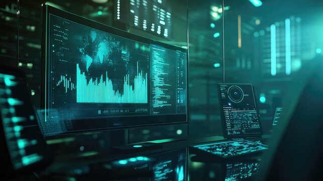 Financial data analysis on futuristic digital display screens