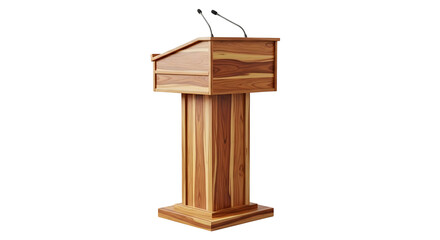 Wooden Podium with Microphones Perfect for Speeches and Presentations on a White Background