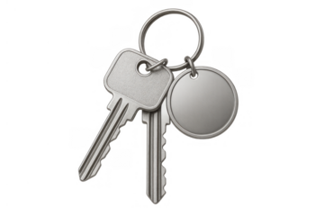Metal keys on ring with blank tag, unlocking access, security, property, home, or office on transparent background