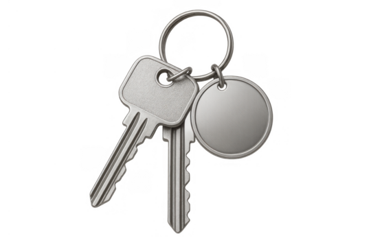 Metal keys on ring with blank tag, unlocking access, security, property, home, or office on transparent background