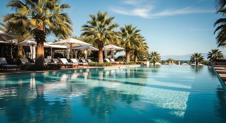 Swimming pool with palm trees and lounge chairs