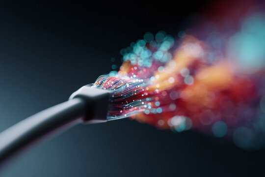 Abstract tech Cable emitting vibrant light trails, symbolizing connection, data flow, and technological innovation. Ideal for illustrating network solutions.