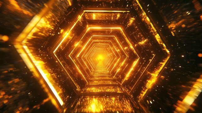 Golden hexagonal tunnel with light at end - Powered by Adobe
