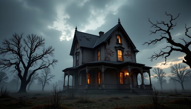 Abandoned Victorian Mansion Foggy Twilight Landscape