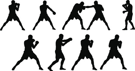 Boxer training silhouette vector illustration, male athlete practicing boxing moves, punching stance, and defense positions for combat sport, fitness, and strength concept