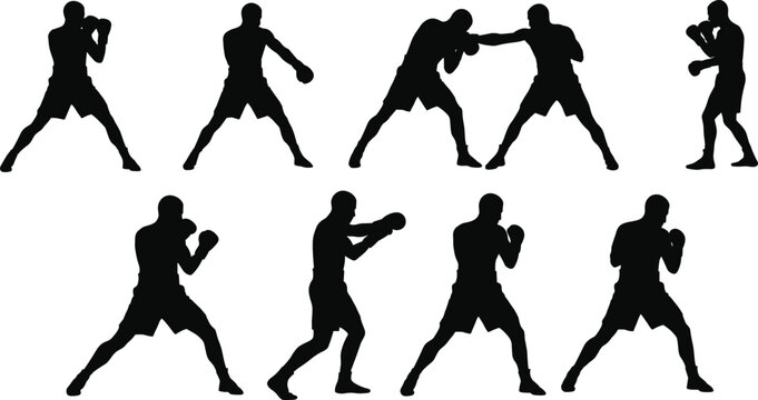 Boxer training silhouette vector illustration, male athlete practicing boxing moves, punching stance, and defense positions for combat sport, fitness, and strength concept - Powered by Adobe