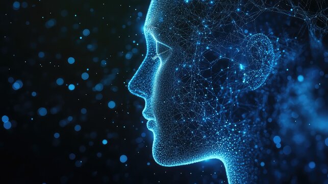 Human head profile made of glowing network dots