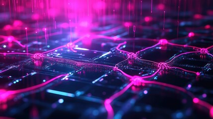 Digital network connecting data points in an abstract neon grid