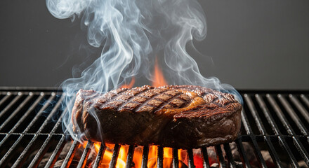 Perfectly Seared Steak Sizzling on Hot Barbecue Grill
A dramatic, close-up, low-angle shot of a thick, beautifully seared beef steak cooking over intense, open flames on a hot metal barbecue grate.