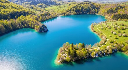 Obraz premium Pristine lake, lush greenery, and rocky outcrop