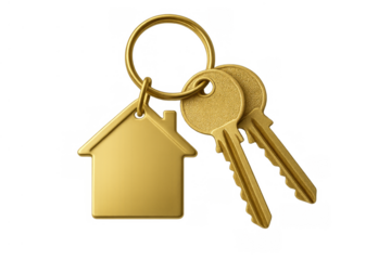 Golden house keys with keychain, symbolizing real estate, home ownership, new property, and mortgage success