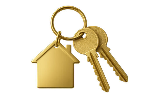 Golden house keys with keychain, symbolizing real estate, home ownership, new property, and mortgage success