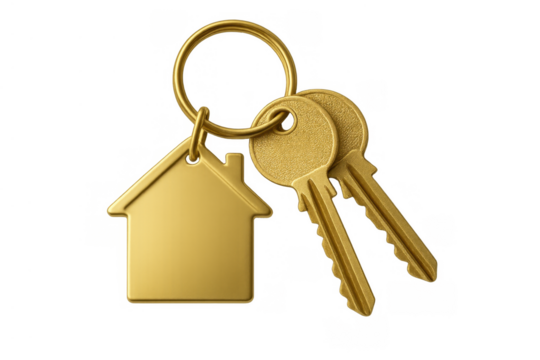 Golden house keys with keychain, symbolizing real estate, home ownership, new property, and mortgage success