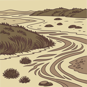 Adobe Illustrator Artwork: A vector illustration of a muddy river landscape in a natural setting in a semi-arid environment