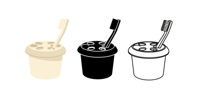 Minimalist illustration of three sets of toothbrush holder silhouettes, Symbolizing tidy bathroom minimalist, flat vector design.