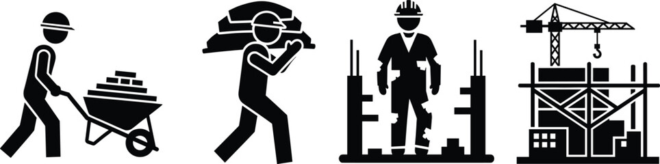 Construction workers performing various tasks silhouette, industrial labor vector illustration, building site equipment icons, construction industry workforce graphic suitable for 
