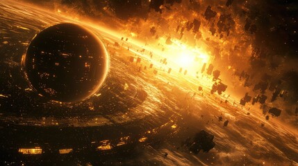 Dyson sphere experiencing a catastrophic destruction in space