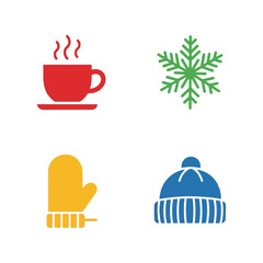 Winter icons: hot drink, snowflake, mitten, and beanie hat set Vector, illustration