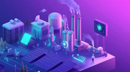 Futuristic factory operating with solar panels and smart technology