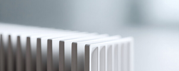 Closeup of a modern white heater. Sleek design, abstract lines. Perfect for energy, warmth, architecture, or minimalistic themes. Clean aesthetic and neutral backdrop.